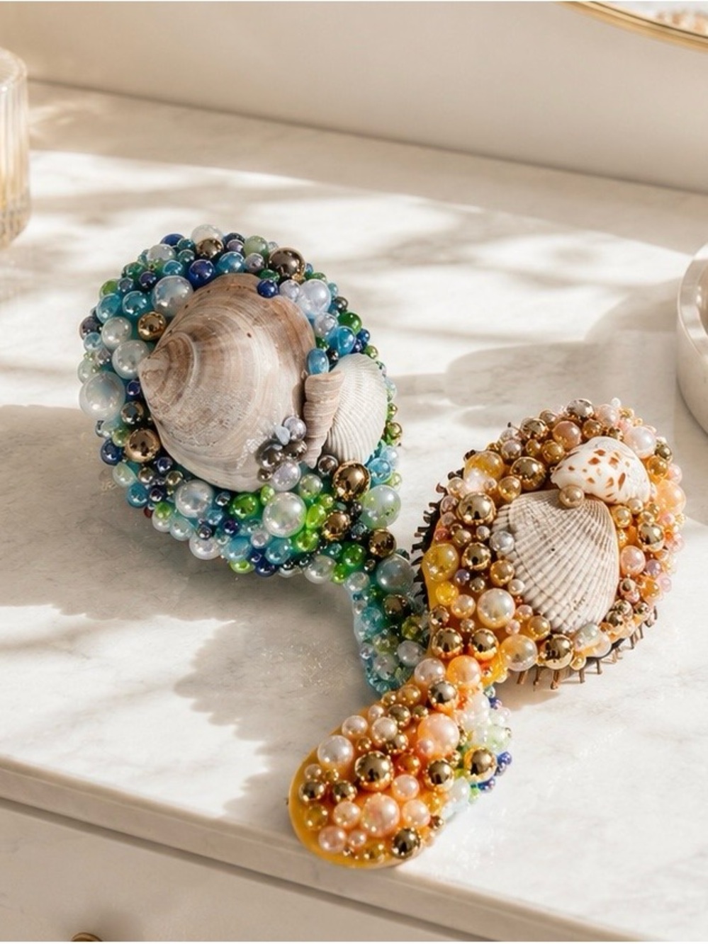 Coastal Mermaid Shell Pearl Vanity Hair Brush Set